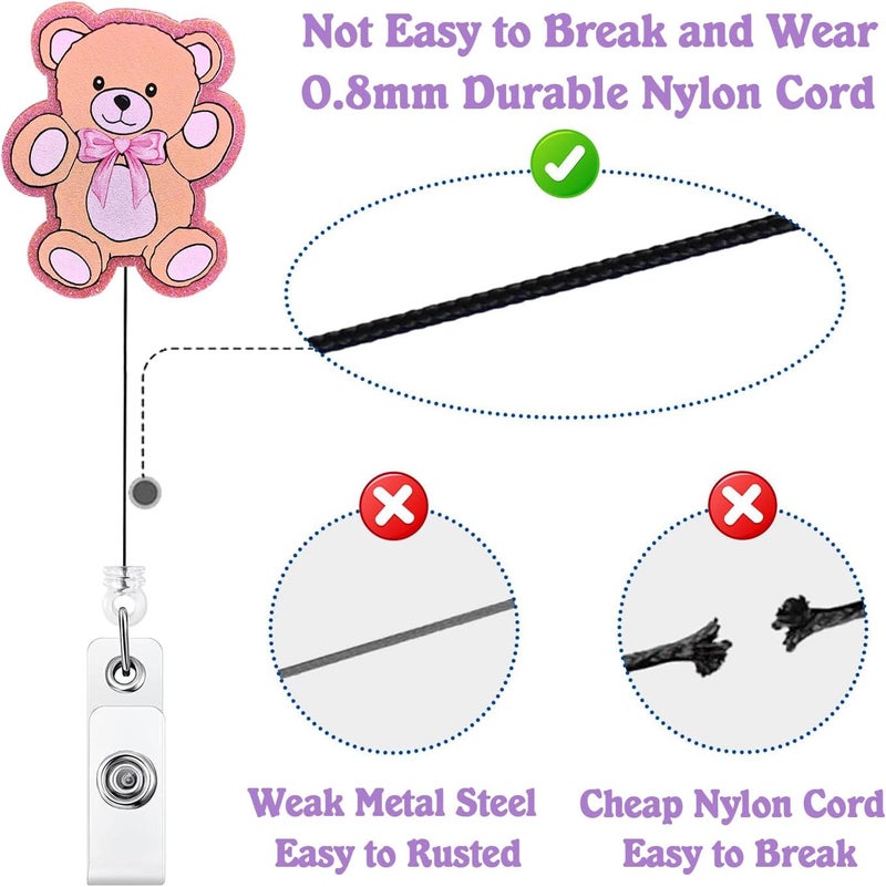 Bydevia Cute Teddy Bear Badge Reel Retractable for Nurse Nursing RN CNA LPN Medical Worker & Teacher, Pink Teddy Badge Clip, Pediatric Nurse ID Name Badge Holder with Alligator Clip & 24” Durable Nylon Cord - Image 4